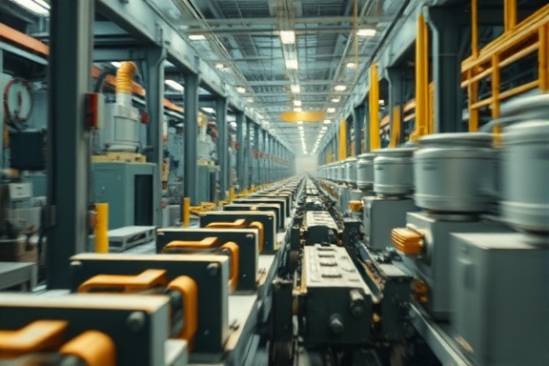 industrial ABS, rugged appearance, being manufactured, photorealistic, factory setting with machines and production lines, highly detailed, movement blur from working machinery, fine-grain noise, metallic, warm industrial lighting, shot with a 50mm lens.
