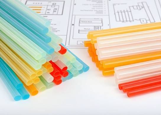 plastic rods, smooth surface, organized neatly, photorealistic, a background of blueprints and sketches, highly detailed, a slight shine on the plastic, high-resolution textures, colorful, even daylight illumination, shot with an 85mm lens.