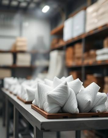 ABS material, versatile, in the process of being molded, photorealistic, industrial workshop with shelves of materials, highly detailed, smoke effect from hot processing, bokeh background, matte, soft ambient lighting, shot with a 35mm lens.