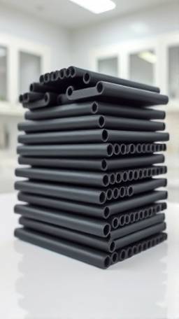 ABS rods, black matte finish, stacked, photorealistic, setting of a modern laboratory with white countertops, highly detailed, static electricity giving a subtle effect, crisp contrast, monochromatic, diffused lighting, shot with a zoom lens.