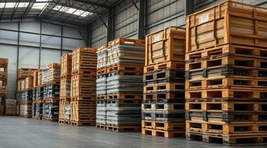 industrial ABS, robust, ready for shipment, photorealistic, warehouse with stacked pallets, highly detailed, dust particles catching light, textural depth, neutral tones, ambient fill lighting, shot with a telephoto lens.