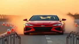advanced ABS automotive, confident expression, testing, photorealistic, on a test track with orange cones, highly detailed, dust rising, 6K resolution, vibrant red, golden hour lighting, shot with a telephoto lens.