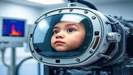 state-of-the-art ABS mechanism, curious expression, evaluating, photorealistic, in a laboratory with diagnostic equipment, highly detailed, oscillating readings, 8K clarity, polished chrome, fluorescent lighting, shot with a close-up lens.