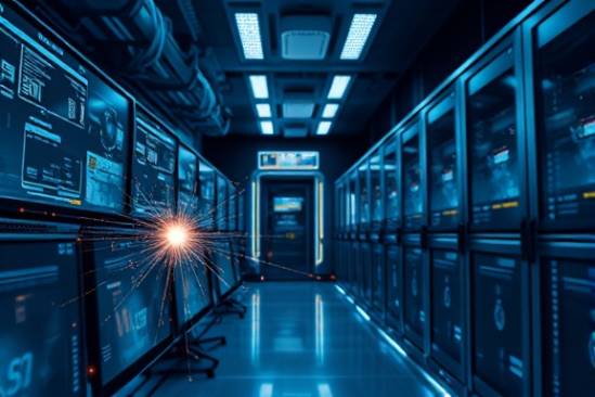 robust ABS junction, intense focus, transmitting data, photorealistic, located within a futuristic control room filled with monitors and servers, highly detailed, sparks of electricity, crystal clarity, deep metallic blue, pinpoint spot lighting, shot with an 85mm lens.