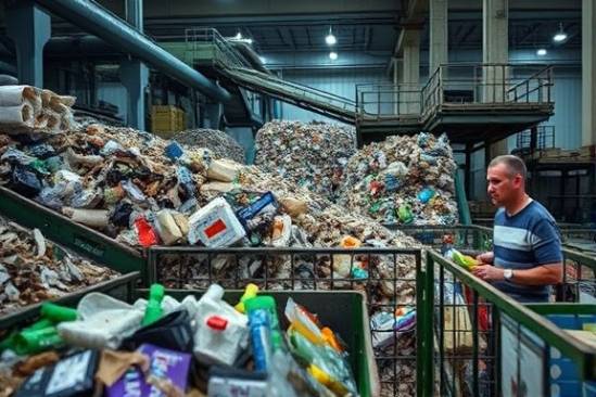 eco-conscious ABS recycling, determined expression, sorting materials, photorealistic, recycling facility with conveyor belts, highly detailed, busy workers, high dynamic range, muted blues and grays, industrial lighting, shot with a wide-angle lens.