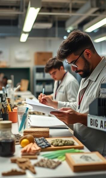 sustainable ABS materials innovation, thoughtful expression, crafting, photorealistic, materials lab with samples and testers, highly detailed, researchers taking notes, super high definition, earthy tones, cool fluorescent lighting, shot with a tilt-shift lens.