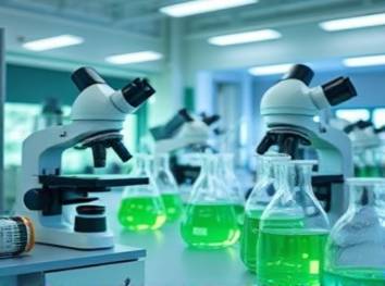 green ABS materials development, focused expression, analyzing polymers, photorealistic, high-tech laboratory with microscopes, highly detailed, bubbling chemical flasks, ultra-high fidelity, pale greens and blues, overhead LED lighting, shot with a telephoto lens.