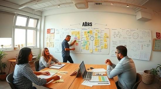 environmentally conscious ABS production, cooperative expression, collaborating on ideas, photorealistic, open workspace with brainstorming boards, highly detailed, sticky notes and sketches, full-frame resolution, warm neutrals, soft natural light, shot with a fisheye lens.