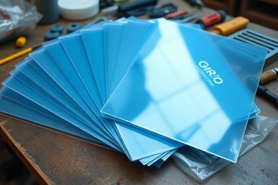 smooth plastic sheets, slightly translucent, fanned out, photorealistic, tabletop setting with scattered tools, highly detailed, subtle creases and edges, intricate patterns, clear blue, ambient indoor lighting, shot with an 85mm lens