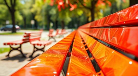 vibrant plastic texture, intricate, stretching, photorealistic, outdoor park setting with benches, highly detailed, elements of nature interspersed, red and yellow, natural sunlight, shot with a 35mm lens