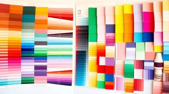 multicolored plastic color swatches, varied, displayed, photorealistic, design studio with mood boards on walls, highly detailed, pages slightly turned by a gentle breeze, pastel tones, soft diffuse lighting, shot with a 24mm lens