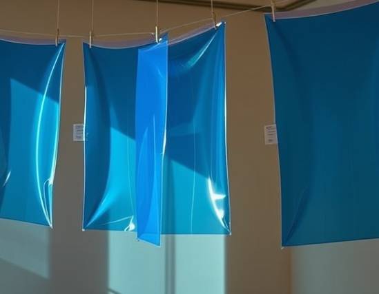 flexible plastic sheets, slightly curved, hanging, photorealistic, minimalist art gallery, highly detailed, play of shadows, transparent blue, warm focused lighting, shot with a 100mm lens