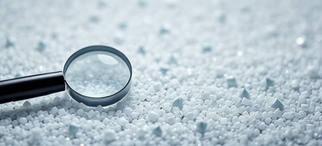 tiny plastic granules, intricate patterns, scattered, photorealistic, close-up view with magnifying glass foreground, highly detailed, sparkling under light, transparent, directional spotlight, shot with a macro lens