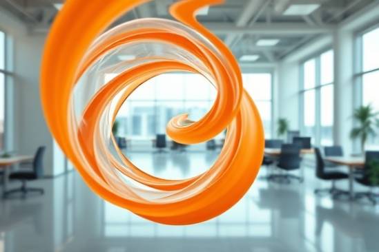 smooth and glossy plastic texture, swirling, forming a vortex, photorealistic, spacious modern office, highly detailed, motion captured mid-air, vibrant orange, under soft ambient light, shot with a wide-angle lens