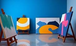 bold plastic color blocks, rhythmic alignment, shifting, photorealistic, artist’s studio with unfinished canvases, highly detailed, colors juxtaposed vividly, electric blue, sharp chiaroscuro lighting, shot with a 50mm lens