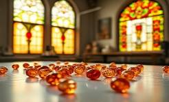 glossy ABS plastic, finely polished, scattered across a table, photorealistic, interior of a contemporary atelier, highly detailed, reflecting patterns from stained glass windows, off-white and amber, mellow daylight, shot with an 85mm lens