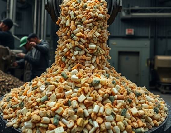 dense plastic granules, varied textures, pouring into a mold, photorealistic, heavy machinery setting with active workers, highly detailed, flowing movement captured, earth tones, stark industrial lighting, shot with a 70mm lens