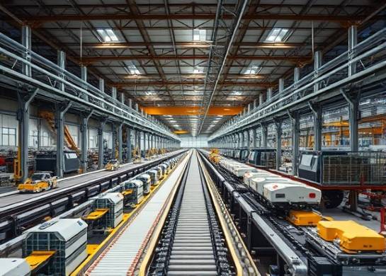 innovative industries manufacturing, precise, assembling components, photorealistic, vast warehouse with conveyor belts, highly detailed, moving assembly lines, intricate mechanical structure, industrial colors, ambient lighting, shot with a 35mm lens.