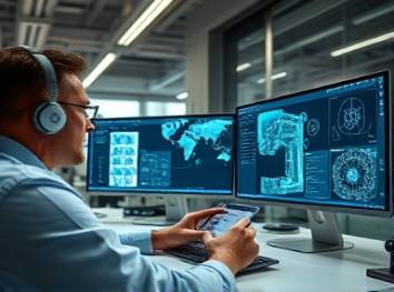 cutting-edge industries engineering, focused, designing complex systems, photorealistic, sleek office space with CAD software on screens, highly detailed, digital schematics visible, sharp and clean, neutral tones, soft lighting, shot with a 50mm lens.