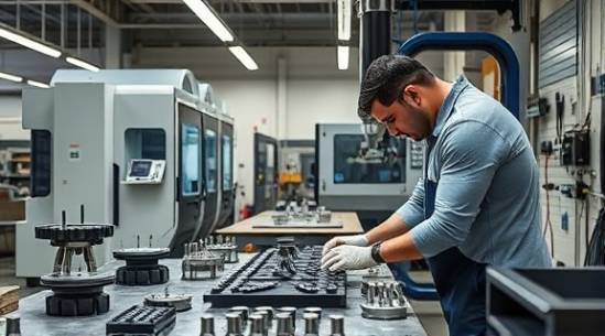 specialized industries fabrication, skillful, crafting precision parts, photorealistic, workshop with CNC machines, highly detailed, tools and gauges on workbenches, tactile surfaces, industrial hues, overhead lighting, shot with a 70mm lens.