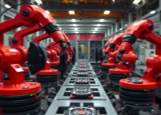 custom ABS, innovative, being molded into shape, photorealistic, industrial setting with robotic arms, highly detailed, movement blur, precise detailing, bold red, diffused lighting, shot with a wide-angle lens.
