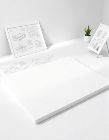 polished ABS sheet, sleek, laid flat, photorealistic, modern studio with design sketches, highly detailed, subtle shadows, clean lines, pure white, soft ambient lighting, shot with a prime lens.
