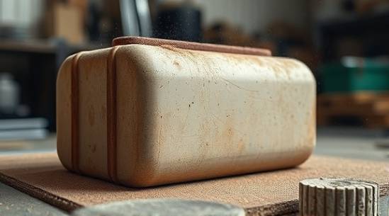weathered ABS plastic, rustic, being sanded, photorealistic, garage setting with dust particles, highly detailed, dynamic particle effects, rough texture gradient, earthy tone, side lighting, shot with a 50mm lens.