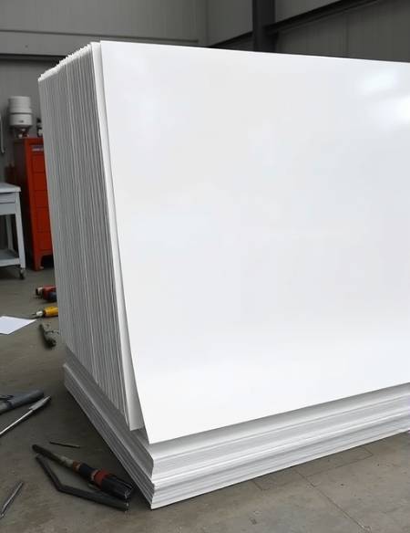 Matte plastic sheets, smooth texture, stacked neatly, photorealistic, workshop with tools scattered, highly detailed, subtle grain visible, 8K resolution, white, diffused lighting, shot with a 50mm prime lens.