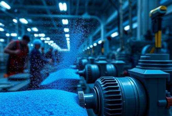ABS material, showcasing versatility, being machined, photorealistic, factory with workers and machinery, highly detailed, particles of dust illuminated, close-up, blue, fluorescent lighting, shot with a 70-200mm telephoto lens.