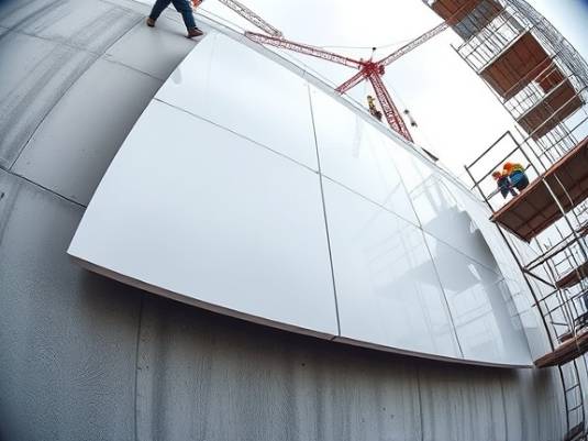 Industrial ABS panel, sleek surface, being installed, photorealistic, construction site with scaffolding, highly detailed, movement captured of workers, crisp focus, gray, natural daylight, shot with a fisheye lens.