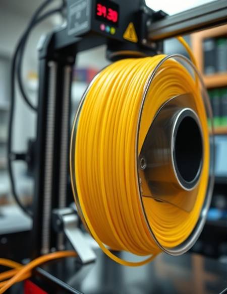 spooled ABS filament, close-up, feeding into 3D printer, photorealistic, laboratory environment with multiple spools and equipment, highly detailed, spirals of filament unfurling, f/4 aperture, colorful, soft indoor lighting, shot with a telephoto lens