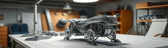 complex ABS prototype, scrutinized, placed on a design table, photorealistic, an innovative studio with other prototypes and blueprints scattered around, highly detailed, various angles, 120mm lens, metallic hues, overhead lamp illumination, shot with a portrait lens