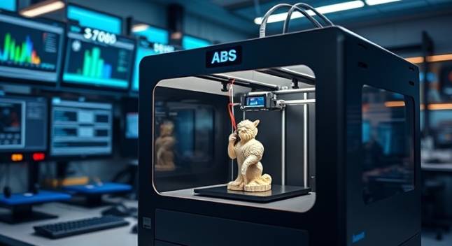 efficient ABS printer, operating, producing a model, photorealistic, tech-oriented lab with screens displaying stats, highly detailed, motion blur from the printing process, iso400, sleek colors, led lighting, shot with a wide-angle lens