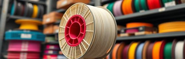 decorative ABS filament spool, highlighted, stored neatly, photorealistic, neatly organized shelving unit in the backdrop, highly detailed, contrast between utilized and untouched spools, 1/60s shutter speed, vivid colors, diffused light, shot with a standard lens